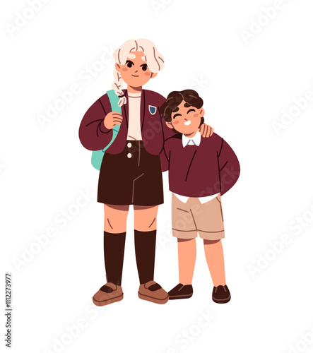 Happy siblings in school uniform cuddle. Older sister and younger brother smile, stand together. Cute children, kids, friends posing, laughing. Flat isolated vector illustration on white background