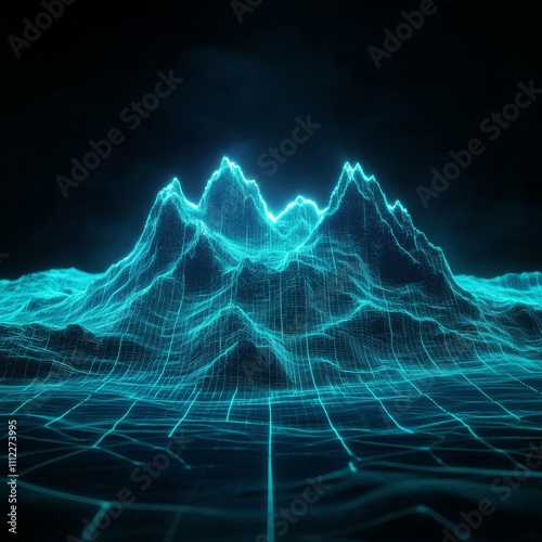 3d wireframe mountain map with tech grid vector. Abstract topography landscape with neon frame and eclipse glow concept. Geometric and futuristic cyber mesh design. Hud terrain illustration