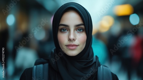 A confident woman in a black hijab, with an intense gaze, standing in a bustling urban background, showcasing strength and empowerment.