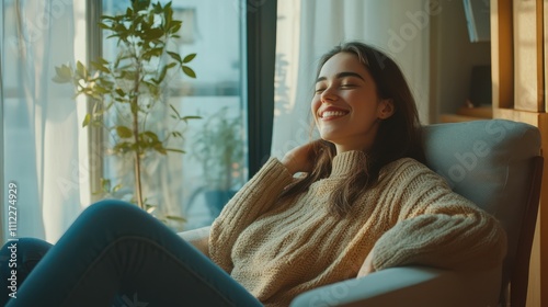 Young relaxed smiling pretty woman relaxing sitting on chair at home. Happy positive beautiful lady feeling joy enjoying wellbeing and lounge chilling near window in modern cozy apartment interior.