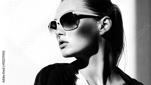 Elegant woman in sunglasses, monochrome modern fashion portrait.