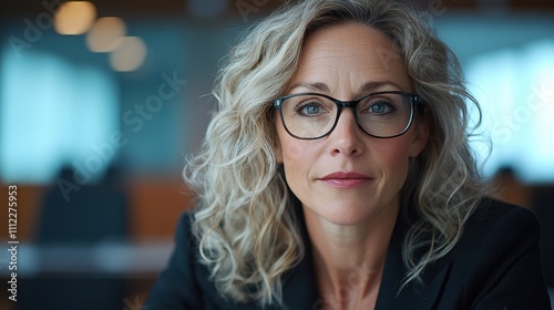 A woman with curly blonde hair and glasses, dressed in a black suit, sits in an office environment, her expression reflecting intelligence and determination.