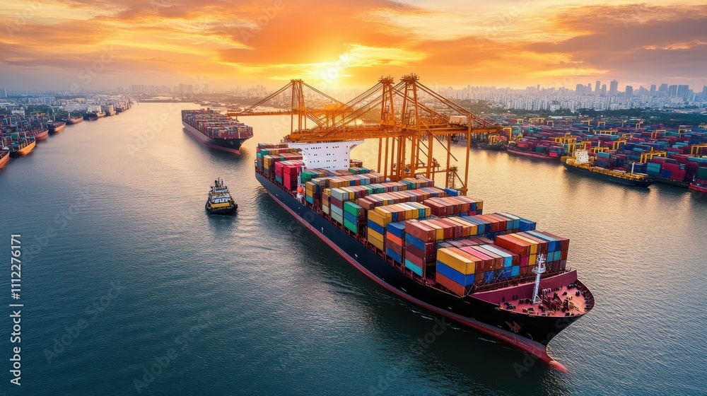 Fototapeta premium technology enhances global logistics for international delivery, using a world map to manage supply chains and container ship networks for export-import processes