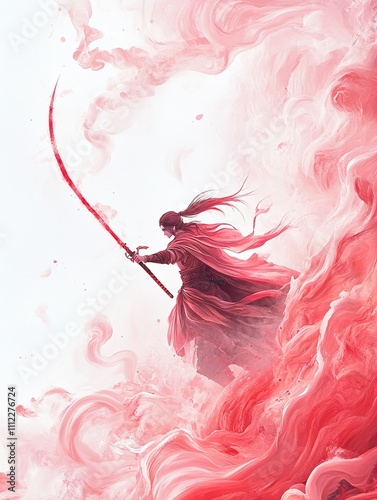 Red robed warrior wielding a curved sword amidst pink clouds photo