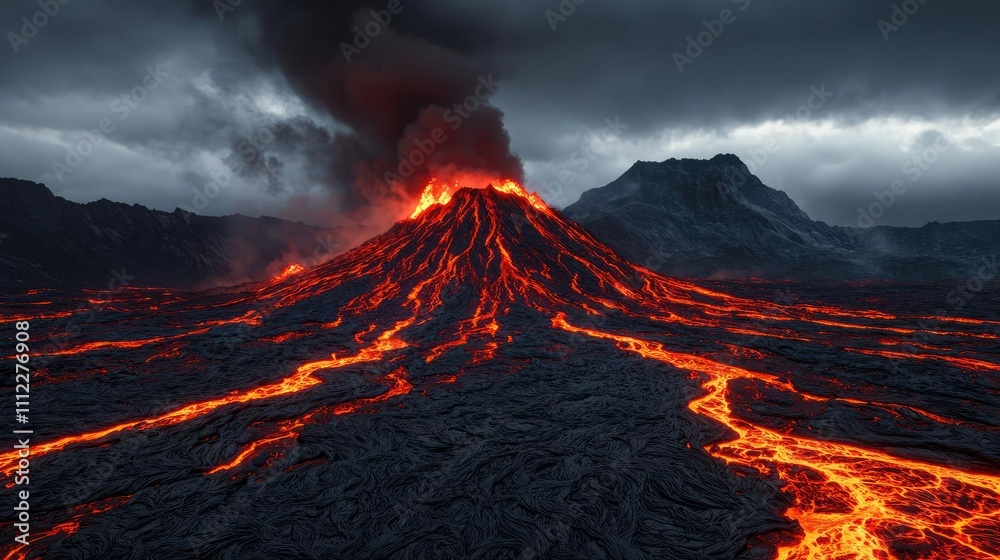 Active volcano with flowing lava and dark stormy clouds above. Active volcano with flowing lava and dark stormy clouds above.