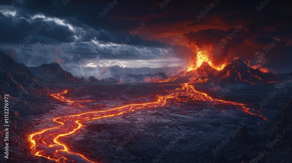 Erupting volcano with flowing lava and dramatic clouds above, landscape view. Erupting volcano with flowing lava and dramatic clouds above, landscape view.
