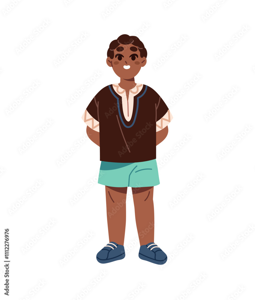 Fototapeta premium Cute little boy of African nationality stands. Funny black kid wearing traditional ethnic clothes. Happy child, schoolboy with smile on face. Flat isolated vector illustration on white background