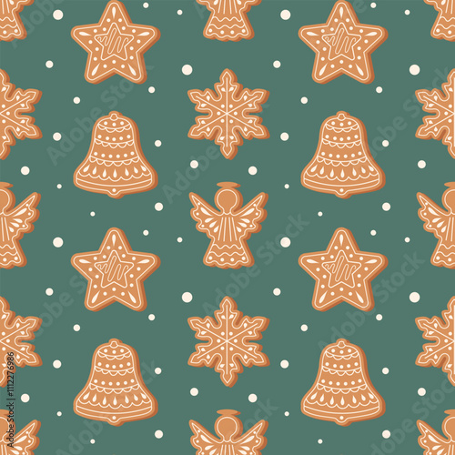 Seamless Christmas pattern with different cute gingerbread cookies. Christmas and New Year background. Holiday design