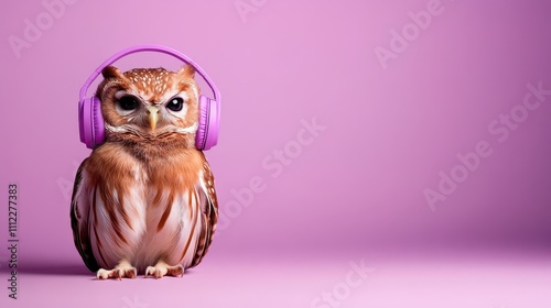 A cute owl is perched wearing vibrant purple headphones against a plain pink background, symbolizing harmony between nature and technology. photo