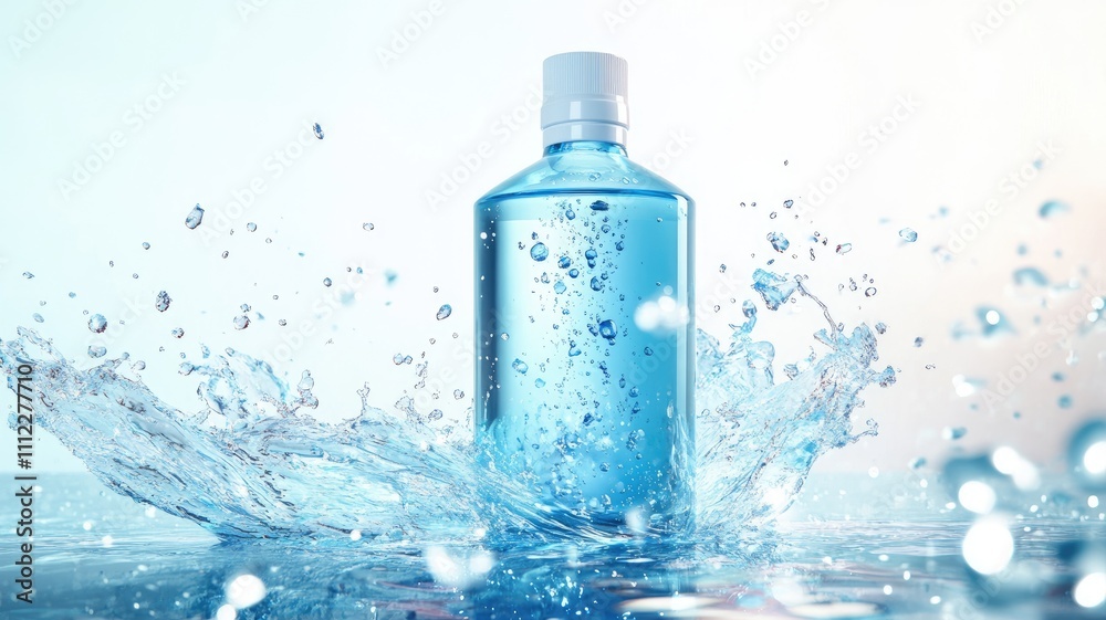 A bottle of water surrounded by light blue liquid waves, with a light white background and liquid splashes, generative ai
A bottle of water surrounded by light blue liquid waves, with a light white background and liquid splashes, generative ai