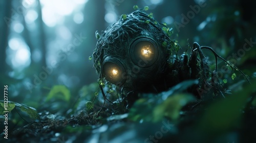 A mysterious creature covered in vines and foliage crawls through a dimly lit forest, its glowing eyes piercing the darkness, evoking a sense of wonder. photo