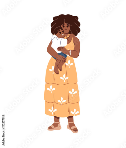 Happy black mother in dress holds baby. Young mom with little kid on hands. Afro girl, parent with cute child. Family of African nationality. Flat isolated vector illustration on white background