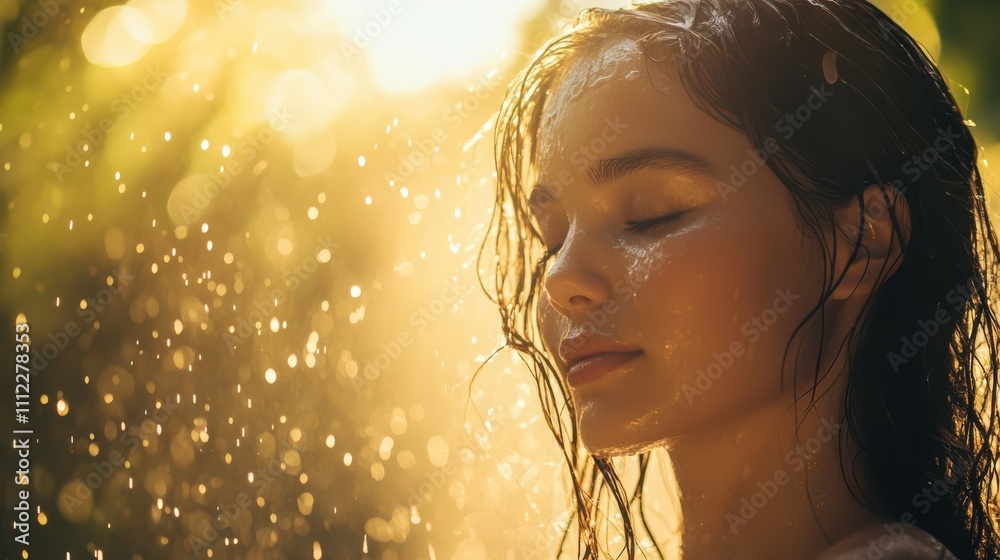 Woman With Wet Hair In Sunlight, Relaxed And Serene, Capturing Summer Vibes, Natural Beauty Woman With Wet Hair In Sunlight, Relaxed And Serene, Capturing Summer Vibes, Natural Beauty