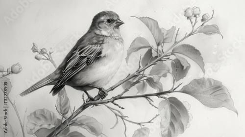 A beautifully detailed monochrome sketch depicting a small gray finch or sparrow perched delicately on a flowering branch surrounded by lush foliage and blossoms in a serene natural composition photo