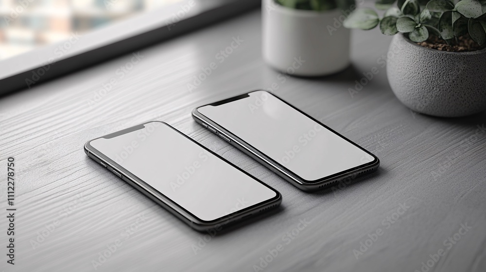 Two smartphone realistic blank mockup. 3D rendering Two smartphone realistic blank mockup. 3D rendering