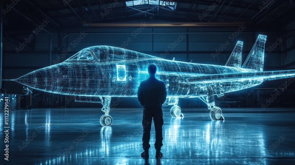 Man views holographic aircraft model in dim hangar.