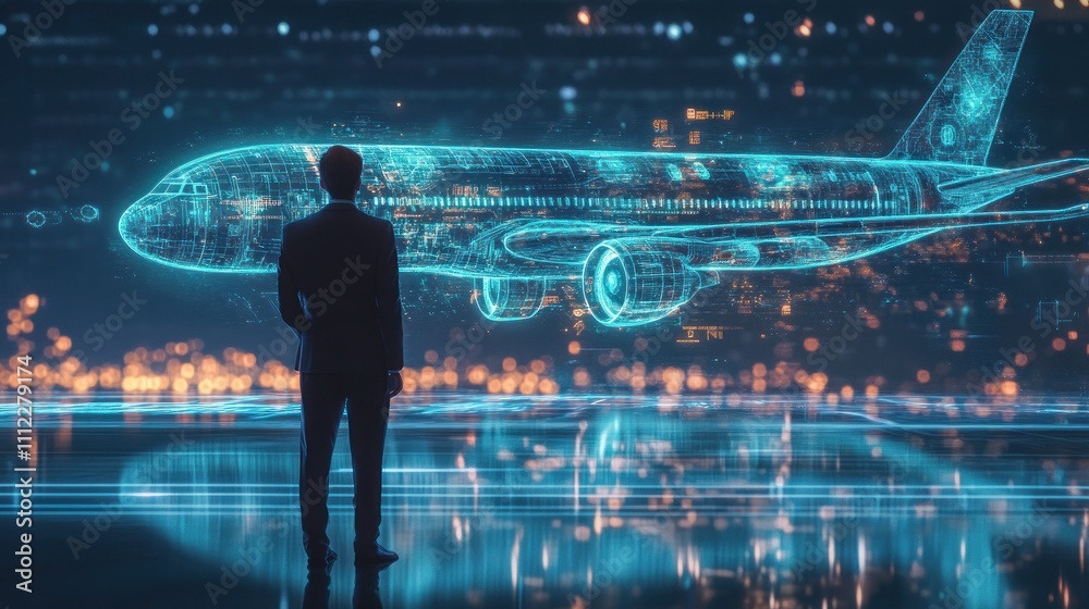 Person examines digital airplane in bright studio.