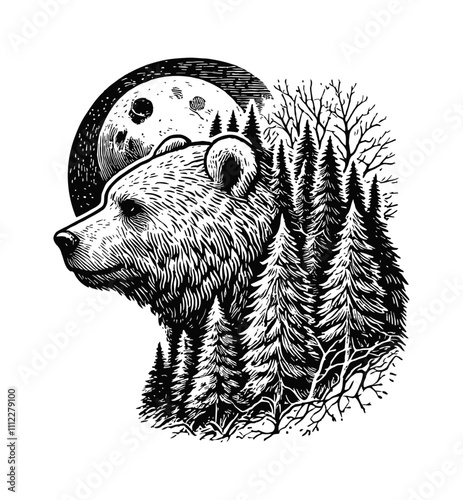 bear double exposure silhouette forest tree engraving black and white outline