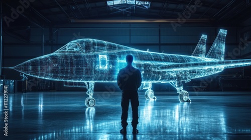 Man views holographic aircraft model in dim hangar.
