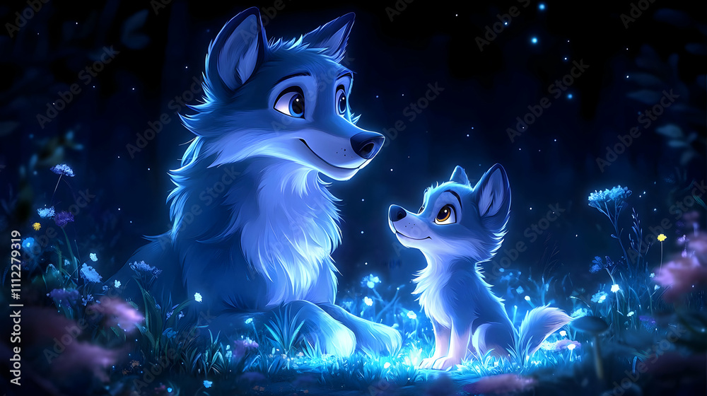 Wolves Glowing in Moonlight, Magical Forest Scene Wolves Glowing in Moonlight, Magical Forest Scene