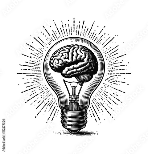 lamp bulb brain engraving black and white outline