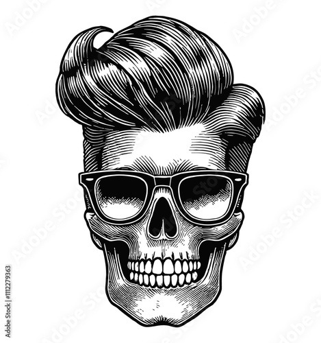 skull pompadour sunglasses engraving black and white outline
