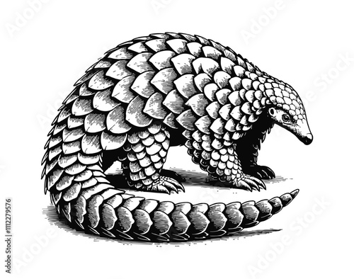 pangolin engraving black and white outline