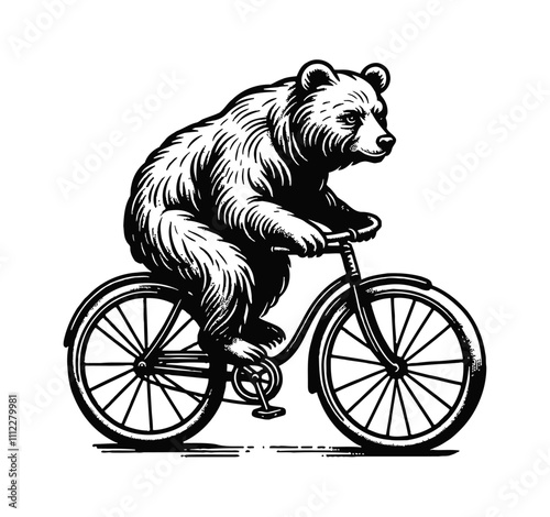 bear riding bike engraving black and white outline