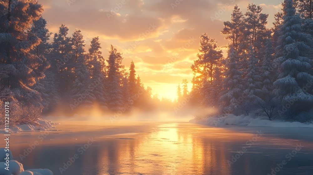 A beautiful scene of a river with a sun setting in the background