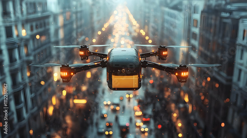 Drone Delivers Package Above City Traffic at Night photo