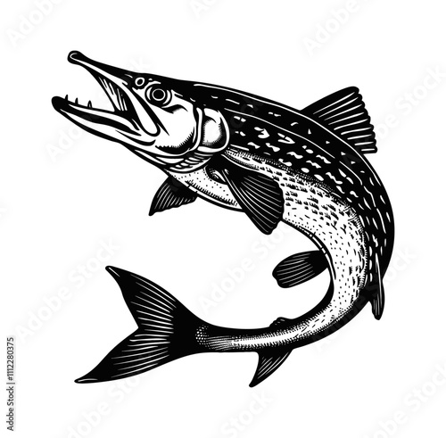 pike fish engraving black and white outline