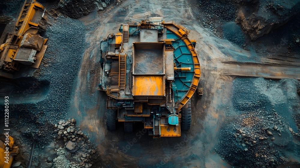 An aerial drone shot captures a quarry's industrial site, featuring massive stone crushers and equipment in turquoise and orange, with distinct gravel patterns and dusty terrain. An aerial drone shot captures a quarry's industrial site, featuring massive stone crushers and equipment in turquoise and orange, with distinct gravel patterns and dusty terrain.