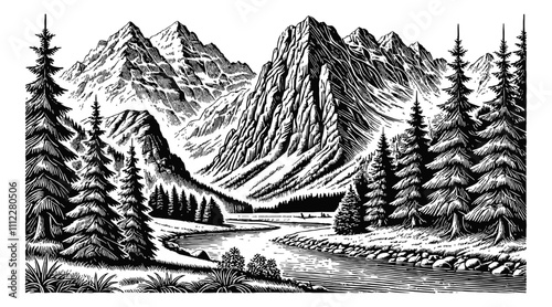 mountain river landscape engraving black and white outline