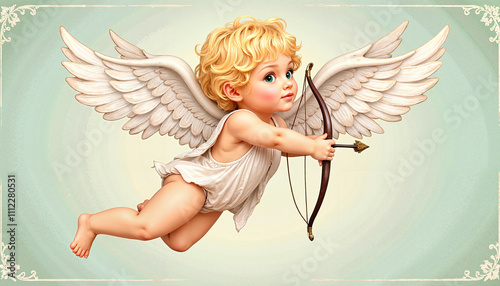 Charming angelic cupid character flying with a bow and arrow on a pastel background for romantic themes