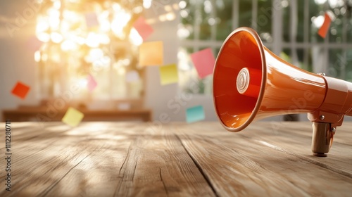 An orange megaphone rests on a wooden table, capturing bright sunlight with colorful sticky notes floating around, symbolizing communication and creativity.