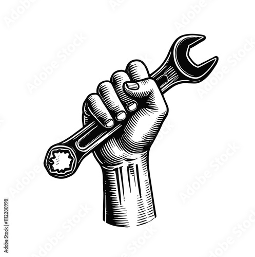 hand holding wrench engraving black and white outline