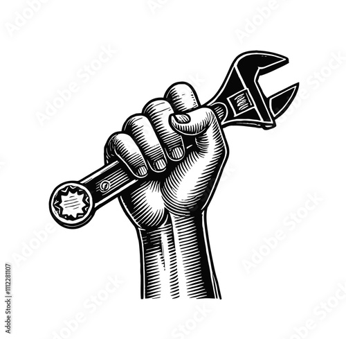 hand holding wrench engraving black and white outline