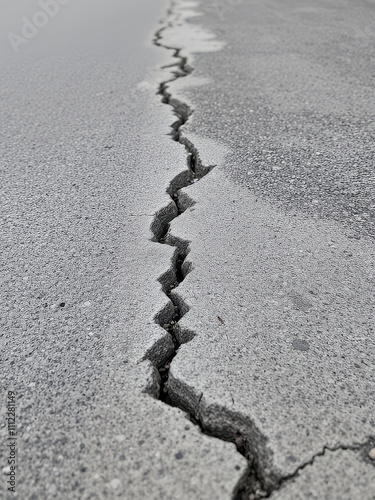  crack in the road with a stop sign in the background. photo