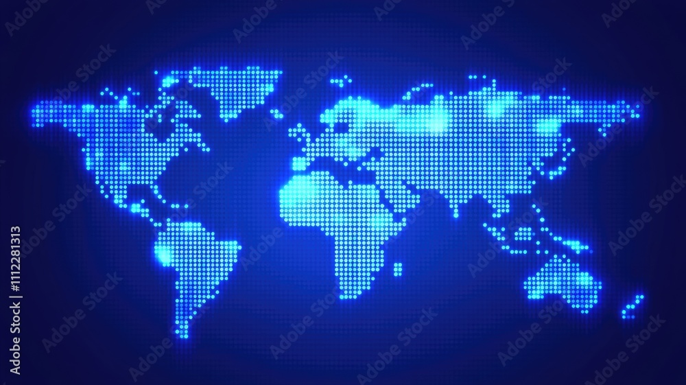 Abstract digital blue background with a pixel world map and glowing dots, a concept of global network technology, cyber security, or big data connection,generative ai Abstract digital blue background with a pixel world map and glowing dots, a concept of global network technology, cyber security, or big data connection,generative ai