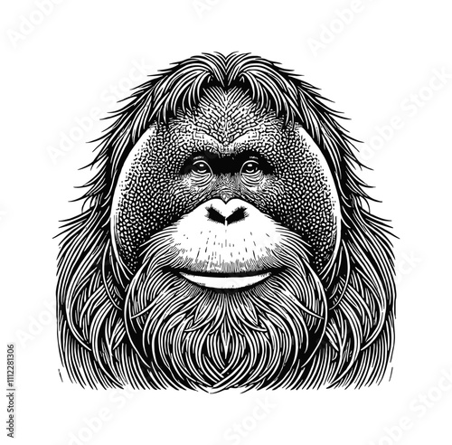 orangutan head engraving black and white outline