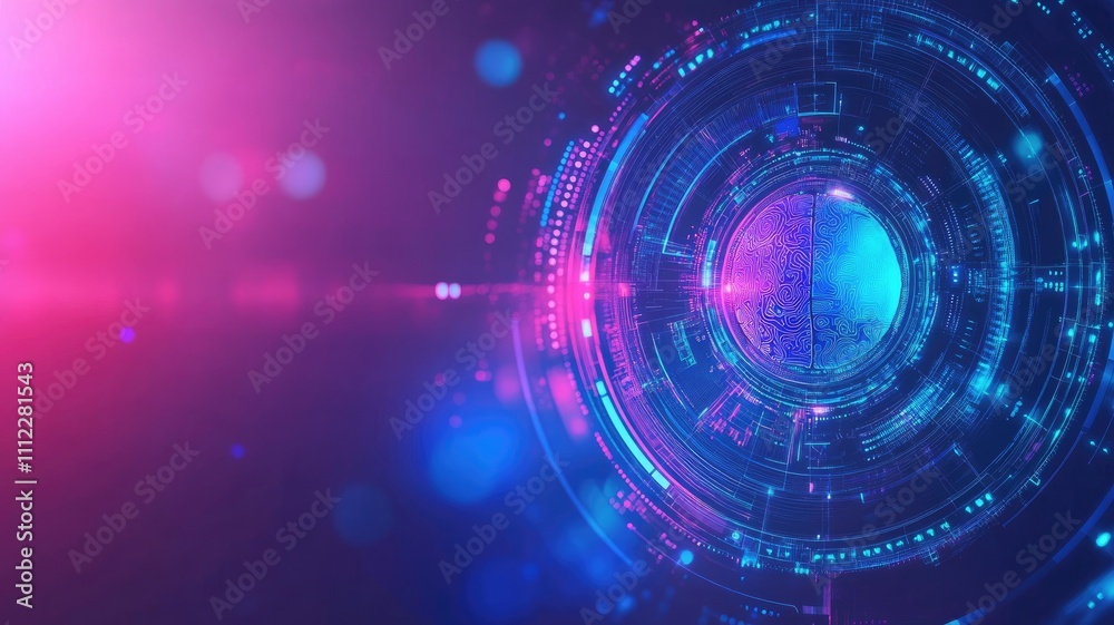 Abstract digital brain interface with a holographic display on a blue background, an AI technology concept, generative ai