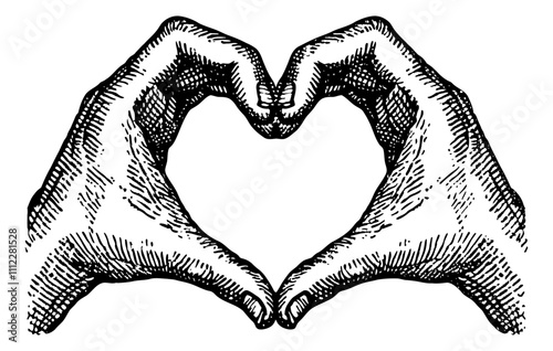 hand love shape engraving black and white outline