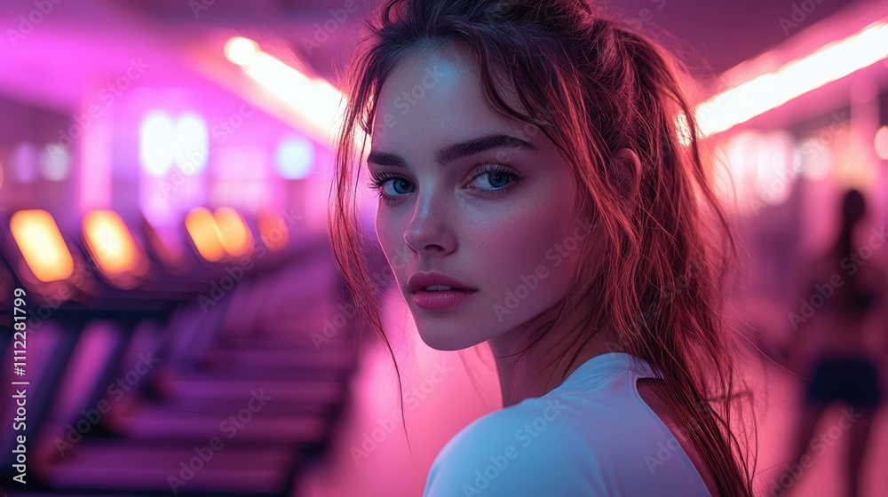 Fototapeta premium Young woman with ponytail in gym, neon lights.
