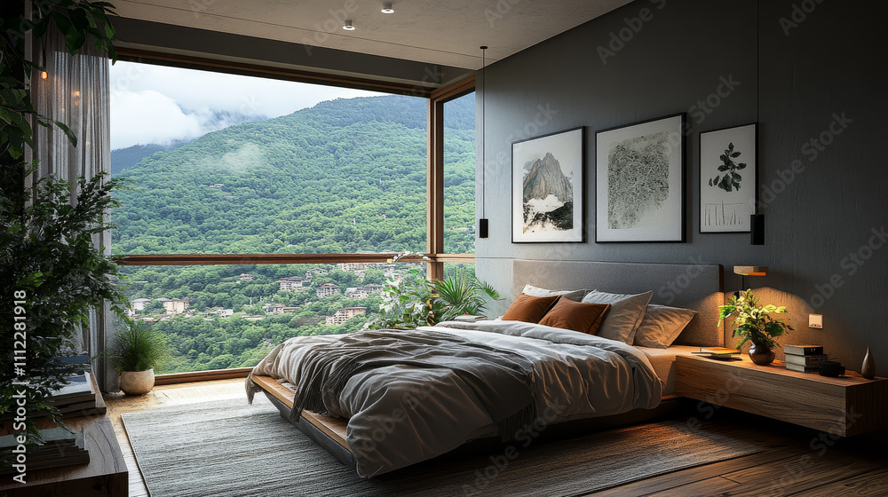 Fototapeta premium A 3D render of a modern small bedroom with a minimalist design. The room features a wooden floor that adds warmth and texture, paired with sleek gray walls for a neutral and contemporary aesthetic. 