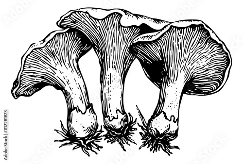 mushroom chanterelles engraving black and white outline