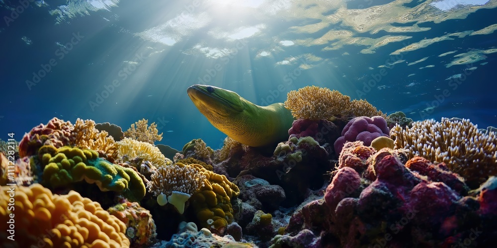 Naklejka premium A medium shot of a moray eel swimming gracefully alongside a school of small fish
