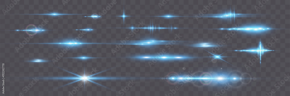 Blue light flash effects and horizontal dividers vector set. Festive party horizontal design elements for decoration and overlays.
