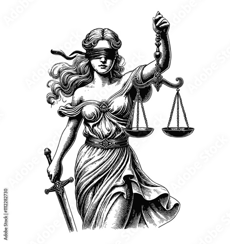 Lady Justice in a frontal pose, blindfolded, holding scales in one hand and a sword in the other engraving black and white outline