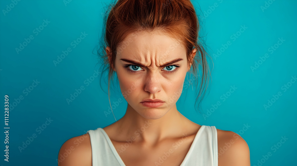 Portrait of an angry woman looking at camera isolated on a blue background Portrait of an angry woman looking at camera isolated on a blue background