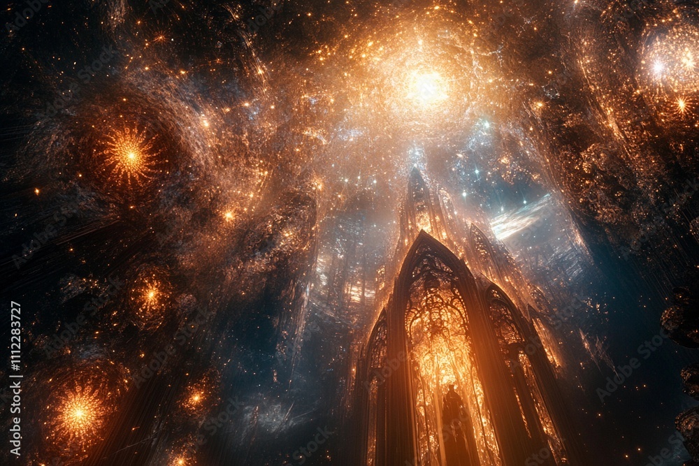 Naklejka premium Celestial cathedral illuminated by cosmic lights in a dreamscape. Generative AI